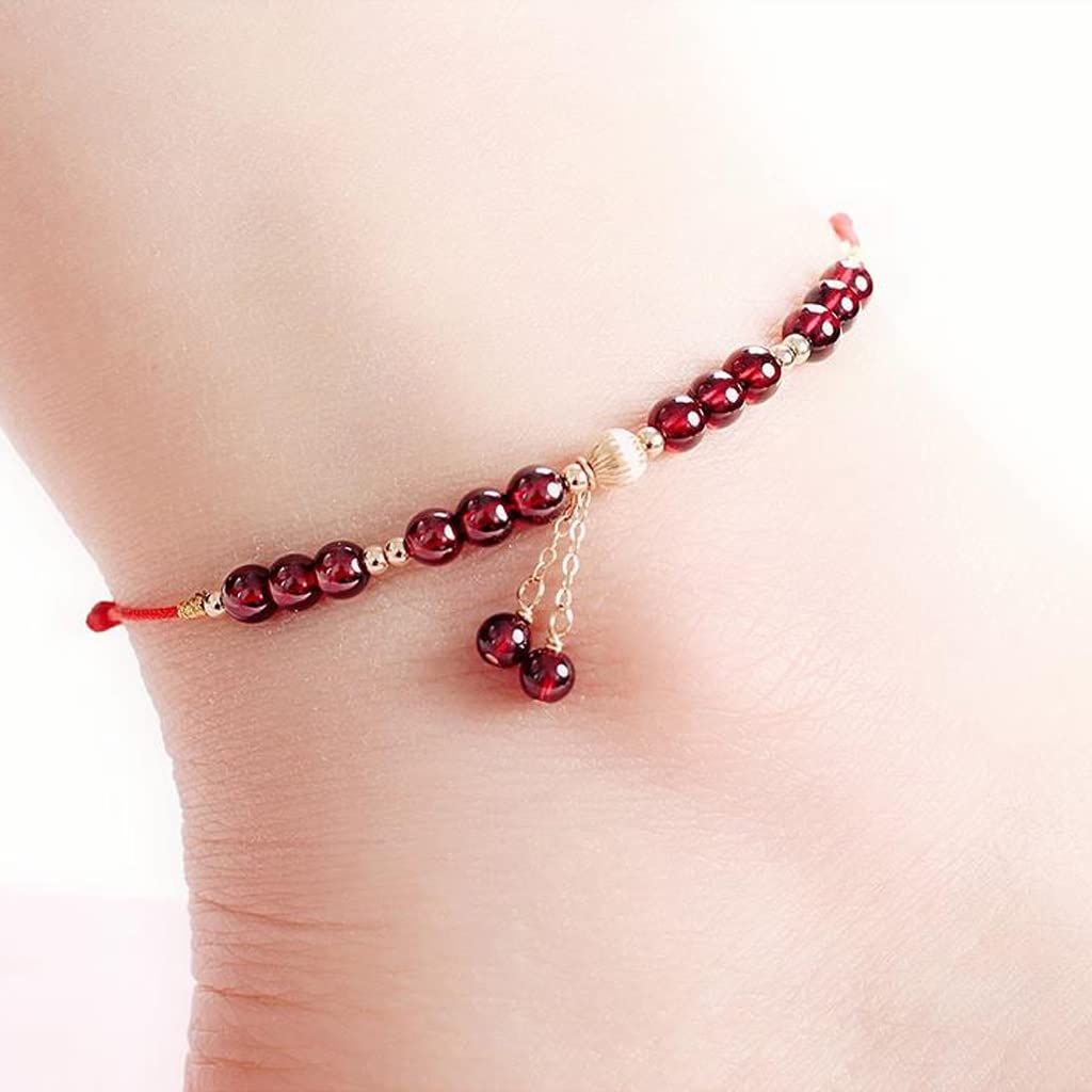 LYGBAOFUL Tobillera de Cristal Granate Natural con Cadena, Cuentas de Transferencia de Cuerda roja para Mujer, Tobillera Tejida con Temperamento para Enviar Novias, Regalo de cumpleaños,