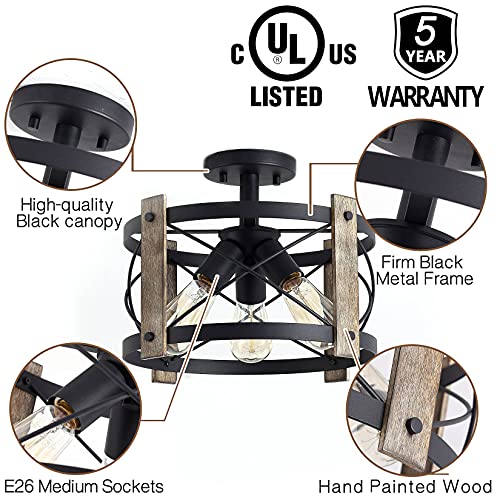 Bargeni Flush Mount Light Fixture,13-Inch Rustic Ceiling Light Fixture,Matte Black Finish,3-Light Farmhouse Light Fixtures For Living Room,Kitchen,Bedroom,Dining Room,Foyer,Hallway thumb #3