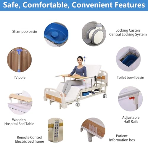 Falluk Medical Nursing Updated Full Electric Hospital ICU Bed for Home Use, with 3 Adjustable Features, with Remote Control, Individual Locking, IV Pole, Mattress, Quiet Wheels, Dining Table Board
