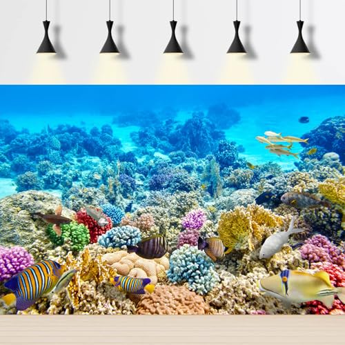 Image of Under The Sea Aquarium Background Underwater Coral Reef Panorama Terrarium Background Various Tropical Fish Breeding Aquariums Fish Tank Backdrop Deep Sea Blue Ocean with Sunbeams Backdrop 48x24in