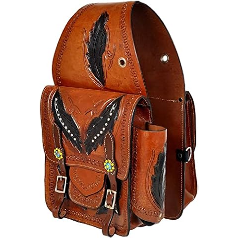 Manaal Enterprises Cow Hide Genuine Leather Western Trail Tooling Carving Horse Saddle Bag, Size: 12” L x 11” W x 3” D (Bag_10) Cover