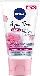 NIVEA Aqua Rose 3 em 1 150ml - Sabonete, Esfoliante e Máscara Facial - Com argila branca, ácido hialurônico e água de rosas orgânica, o sabonete tem benefícios antioxidantes e hidratantes
