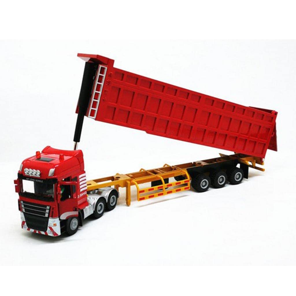 Modèle Principal Semi Remorque avec Camion Dump Maquette Voiture Engin Miniature Alliage Zinc Fonction Simulation Rotation Convient pour Collection, Rouge