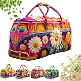 Hippie Journey Quilted Duffle Bag, Hippie Van Quilted Duffle Bag, Floral Travel Weekender Bag with Adjustable Strap (A,L)