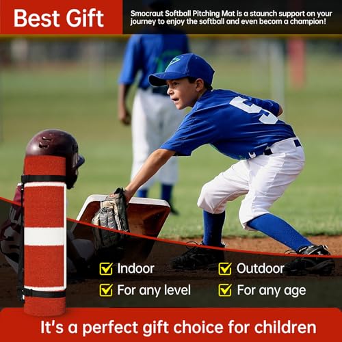 Smocraut Softball Pitching Mat 10\'x3\' Softball Pitching Mound Pitching Mat Softball with Rubber Softball Batting Mat Softball Pitching Aids Antifade Antislip Pitching Mats for Indoor/Outdoor(Red)