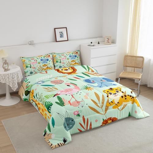 Image of Feelyou Nursery Cute Wild Animals Kids Bedding Set Twin Size for Girls Boys Child Cartoon Lion Giraffe Elephant Comforter Decor Nature Wildlife Comforter Set Zoo Animal Theme Duvet Quilt Set