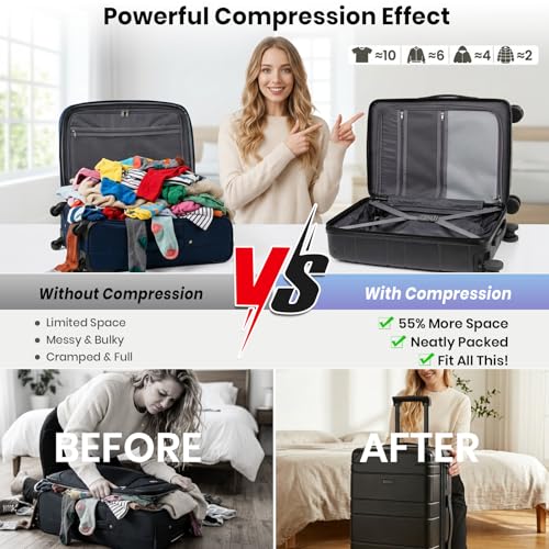 Carry on Luggage with Vacuum Compression and Pump, PC Black Hardshell Suitcase with Spinner Wheels, TSA Lock & USB Charging Port image 1