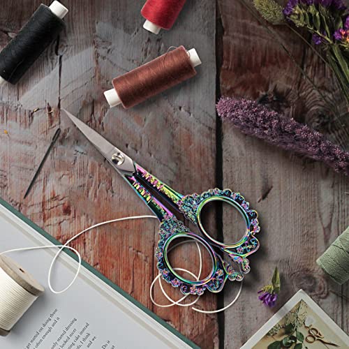 Image of Embroidery Scissors - 4.5In Cute Vintage European Style Sewing Plum Blossom Sharp Stainless Steel Small Scissors for Fabric Knitting Cross Stitch Craft Art Work Needlework (Rainbow Color) (Pack of 2)