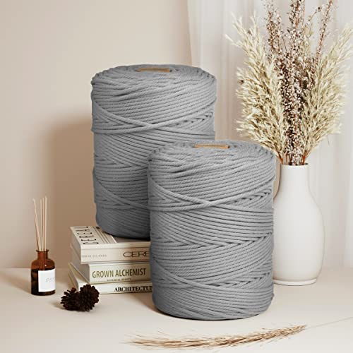 Image of ZUEXT Macrame Cord, Light Grey, 5mm x 328yds Cotton String Macrame Yarn