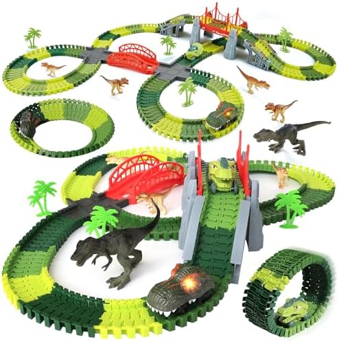 Electric Dinosaur World Playset — 272 PCS Flexible Track Playset with Motorized Dino Cars, T-Rex & Suspension Bridge — for 3 4 5 6 Year & Up Old boy Girls Best Gift