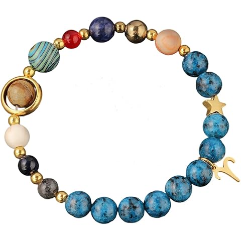 Zodiac Sign Bracelet for Couples – 12 Constellations Natural Stone Jewelry with Black Glass, Lapis Lazuli, Goldstone, White Howlite, Picture Jasper, Malachite, Red Agate & Blue Sodalite – Lucky Energy Gift