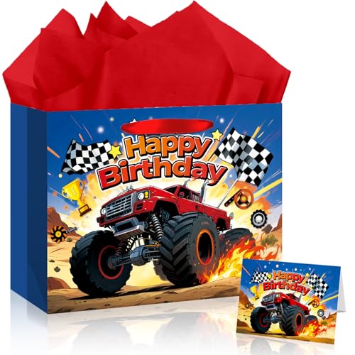 12 Monster Truck Gift Bag Happy Birthday Gift Bag with Tissue Papers and Greeting Card Cars Themed Party Favors for Boys Kids Birthday Party Baby Shower Newborn New Moms or Parents 11.89.45.3 -1Pcs