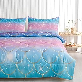 Roscloud Kids Mermaid Scale Twin/Full Comforter Sets Rainbow Girls Bedding Sets - Clolorful Scale Golden Border Diamonds… 51I301RWAkL. SS280