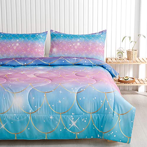 Roscloud-Kids-Mermaid-Scale-TwinFull-Comforter-Sets-Rainbow-Girls-Bedding-Sets-Clolorful-Scale-Golden-Border-Diamonds-Pearl-Stars-Quilt-Set-Bedspread-7286-Inch-Comforter1-Pillowcase2 51I301RWAkL