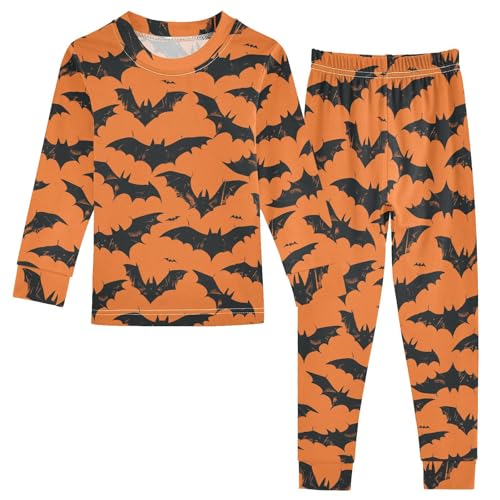 Fustylead Halloween Flying Bats Black Silhouette Cotton Pajamas Long Sleeve Sleepwear Lounge Set