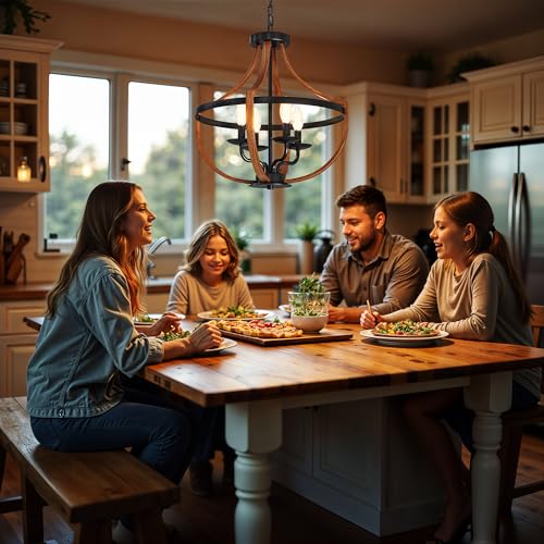 DWVO Black Wood Chandeliers for Dining Room, Adjustable Farmhouse Rustic Light Fixture, Industrial 4-Light Pendant Ceiling Lights for Island, Bedroom, Kitchen