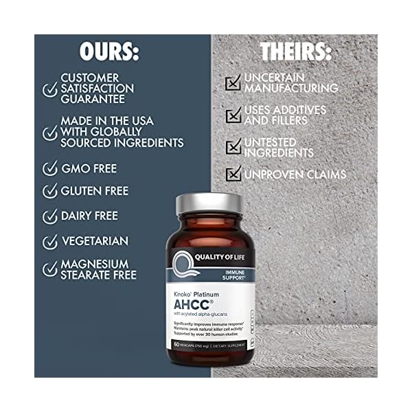Quality of Life Premium Kinoko Platinum AHCC Herbal Supplement, 750mg of AHCC per Capsule, for Immune Support, Liver Function, Maintains Natural Killer Cell Activity, 1 Pack, 60 Veggie Capsules