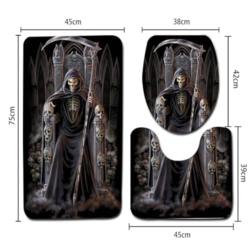 Badezimmerteppich Set Totenkopf schwarzes Muster Badgarnitur 3 Teilig Mikrofaser Badematten Set rutschfest U FöRmige Duschvorleger Super weich, Schnell Trocknend WC-Garnitur Teppich – Bild 3