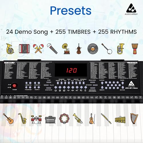 Image of Audio Array AK-61 Neo 61 Key Electronic Keyboard with LED Display, 200 Presets & 512 Timbres, Built-in 2.0 Speakers, with Mic, Vibrato, Sustain, Transpose, Battery & Adapter Powered, Headphone Out