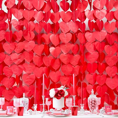 Image of 205 Ft Red Party Decorations Red Heart Backdrop Streamer Tissue Paper Love Heart Hanging Garland for Valentines Birthday Anniversary Engagement Wedding Bridal Shower Hen Party Supplies
