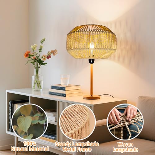 Image of Hanging Light Rattan Lamp Shades Boho Lamp Shades, Woven LampShades for Floor Lamps Rattan Pendant Lights Boho Lamp Light Table Lamps Plug in Pendant Light