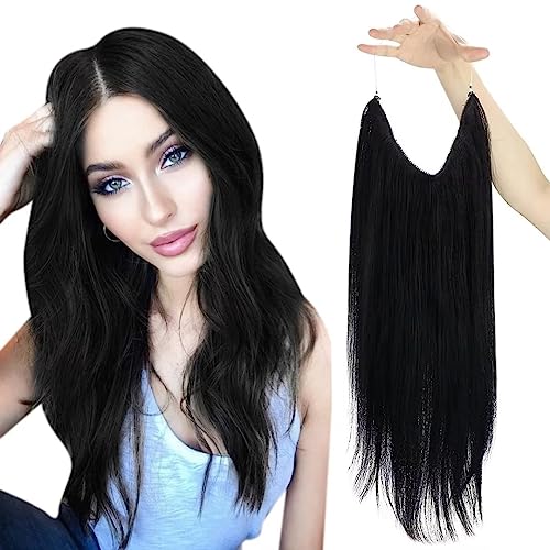 Easyouth Invisible Wire Human Hair Extensions Black Wire Hair Extension Human Hair Jet Black Secret Fish Line Hair Extensions Real Hair Thick Ends for Daily Life 18Inch 80g #1