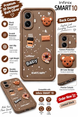 Image of Bintage Back Cover Compatible ForInfinix SMART 10 4G | Cute 3D Taddy Ball Bear Milk Cake Coffee Silicon Case Full Body & Camera Protection - Brown