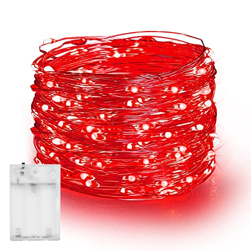Image of Dazzle Bright Fairy Lights Battery Operated, 20 FT 60 LED Silver Wire Waterproof Battery Operated String Lights, Christmas Decorations for Indoor Outdoor Bedroom Yard Decor, Red