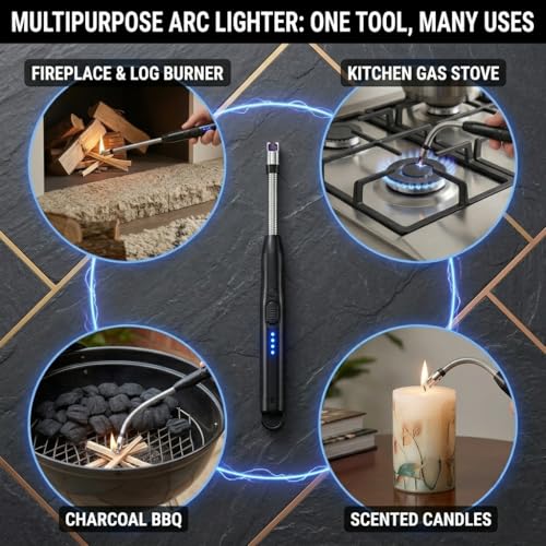 Image of Electric Gas Lighter | C-Type Charge, LED Battery Display, 360 Flexible & Windproof | Gas Stove, Candles, Pooja, Kitchen | Free Adhesive Hook (Assorted Colour)