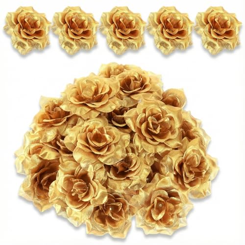 Xinjoduz 36 PCS Gold Flowers Mini Simulation Gold Roses Artificial Flower Silk Faux Rose Head Ornaments for Wedding Picks Decoration Centerpieces DIY Wreath Crafts Christmas Tree Filler