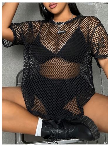 Verdusa Women's Plus Size Y2k Gothic Tops Sheer Mesh T Shirt Fishnet Rave Outfits Top4