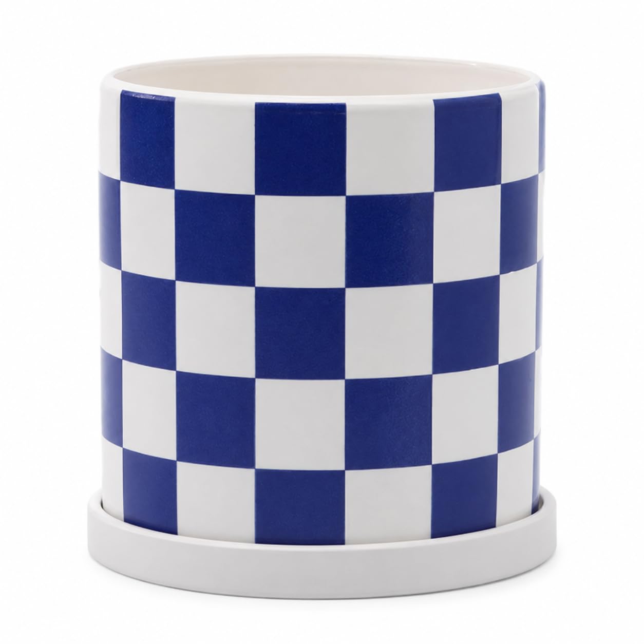 ASLASL Checkered Ceramic Planter Pot with Drainage Hole and Saucer, Black and White Planters Decor,Indoor Cylinder Round Planter Pot (Blue, Medium)