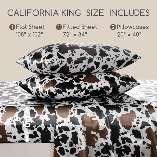 Image of MR&HM Satin Bed Sheets, California King Size Sheets Set, 4 Pcs Silky Bedding Set with 15 Inches Deep Pocket for Mattress (California King, Cow Print)