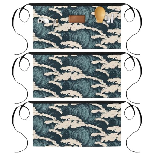 Tablier court de chef motif vague bleue avec 3 poches pratiques