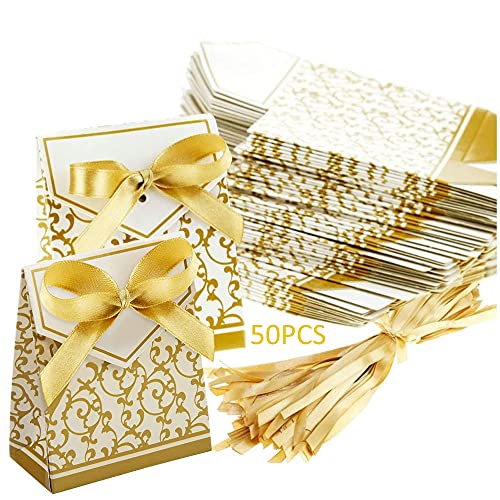 50PCS Goldene Hochzeit Süßigkeiten Kasten, Süßigkeiten Kasten, Geschenkpapiertüten, Papier Süßigkeiten Kasten, Geschenkpapiertüten, Kleine Bonbonbox aus Papier, für Hochzeit Geburtstag Babyparty