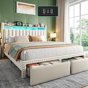EnHomee Queen Bed Frame with 2 Storage Drawers, Upholstered Platform Bed with LED Lights and Charging Station, Sturdy Wooden Slats Support, No Box Spring Needed, Noise Free, Beige