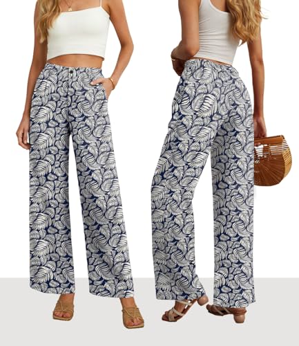 Image of Feiersi Womens Casual Wide Leg Pants High Waisted Button Down Straight Long Trousers Palazzo Pants