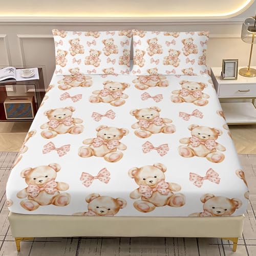 AILONEN Lovely Bear Fitted Sheet Set Queen,Cartoon Bow Tie Bear Bedding Set for Kids Girls,Cute Animal Themed Fitted Sheet with 2 Pillowcases,3Pcs