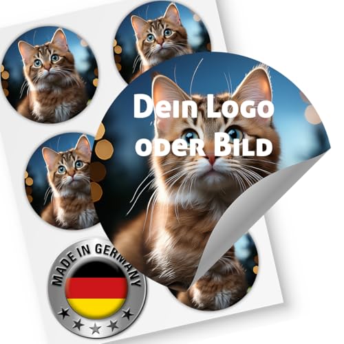 NEU Foto Aufkleber mit eigenem Foto PERSONALISIERT (48 Stk.) WASSERFEST SPÜLFEST runde Etiketten mit individuellen Fotos Hochzeit Malle Firmen Logos Geburtstag Schule Tier Sticker selbst gestalten