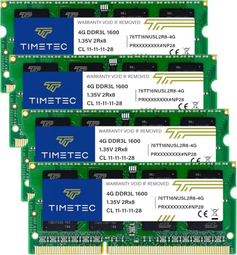 Image of Timetec 16GB KIT(4x4GB) DDR3L / DDR3 1600MHz PC3L-12800 / PC3-12800 Non-ECC Unbuffered 1.35V / 1.5V CL11 2Rx8 Dual Rank 204 Pin SODIMM Laptop Notebook PC Computer Memory RAM Module Upgrade