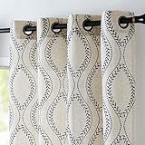 jinchan Linen Blend Curtains Beige Farmhouse Curtains 84 Inches Long Blue Embroidered Leaf Curtains for Living Room Ogee Geometry Drapes Light Filtering Grommet Country Curtain 2 Panels Blue on Flax