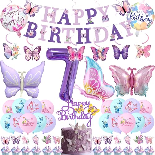7. Geburtstag Deko Schmetterling Lila - 45 Stück Kinder Geburtstag Party Deko mit Happy Birthday Banner Girlanden, Ballons, Cake Toppern und Hängedekoration für Mädchen 7 Jahre