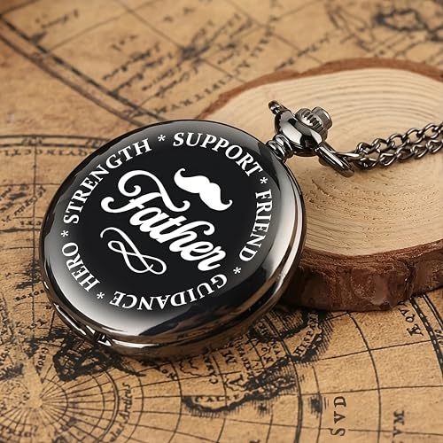 Image of Vintage Gandhi Style Pocket Watch with Engraved Designs & Messages Royal Black Analog for Men Women & Kids Includes Key Ring for car or Bike Keys Ideal Gift