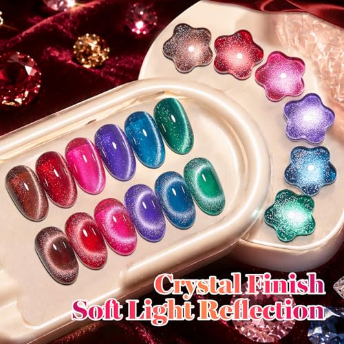 Image of Beetles Cat Eye Gel Nail Polish Set - 6 Colors 15ML Full Size Glitter Gel Polish Kit Red Pink Brown Burgundy Purple Blue Green Magnetic Stunning Effect Soak Off UV Nail Art DIY Home Manicure Gifts