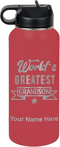 Miniatura 33 de LaserGram Personalized Water Bottle, World's Greatest Grandson, Stainless Steel Double Wall Vacuum Insulated with Flip Top Straw, Custom Engraved