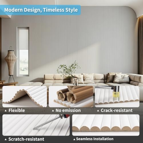 Image of Art3d Roll-Flat Beaded Wood Slat Wall Panel, 1-Pack, 94.5 x 23.6 in, White