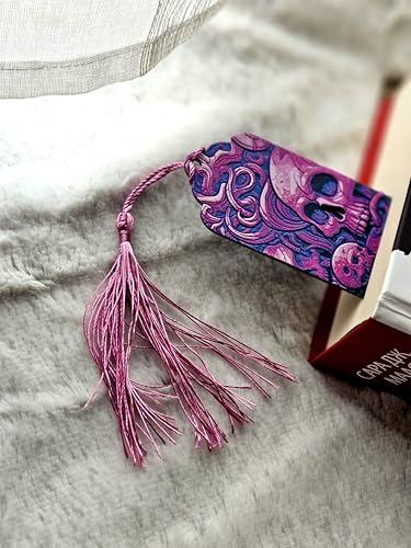 Image of Magenta Skull Bookmark with Tassel - Gothic Skull Design | Washable, Lightweight Bookmark for Books & Journals | Durable Bioplastic