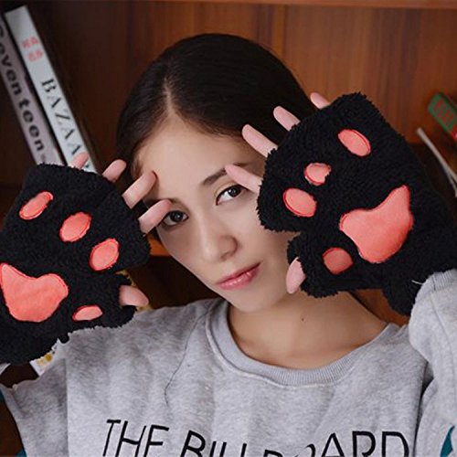MAKFORT Fingerlose Handschuhe Winter Katze Plüsch Handschuh Schwarz