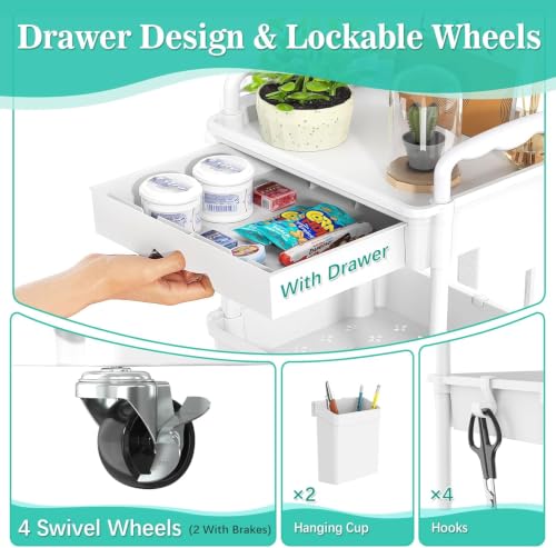 SUNALLY 3 Tier Rolling Cart with Drawer, Craft Storage Cart Organizer,White - image 3