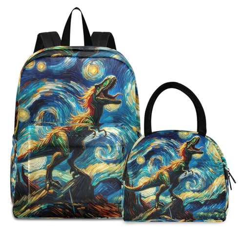 Kids School Bag Set, Roar Dinosaur Starry Night Backpack with Lunchbox, Backpacks Elementary